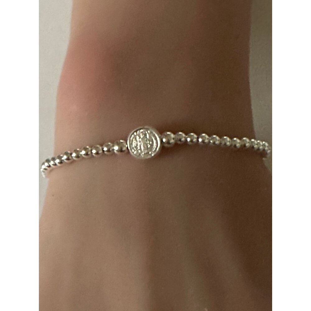 925 Sterling Silver Stretch Stacking Bracelet St. Benedict Religious Charm - Picture 4 of 4